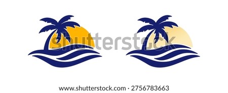 Sunrise luxury logo with palm tree island and ocean wave tropical waterfront style