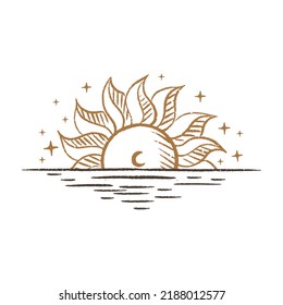 Sunrise of the magical sun Boho, vector art of the sun. Elements for design, tattoos, stickers. Hand draw Sunset.