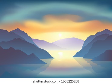 Sunrise with majestic colorful clouds above the mountain lake. Vector illustration, EPS 10.