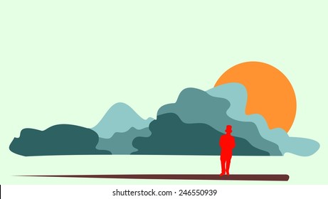 sunrise and man in top hat stay alone, clouds on backdrop