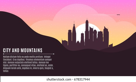 Sunrise in the metropolis. Morning city. Big skyscrapers. A place for your project. Morning starry sky. Hilly dark mountains. Purple Sunrise. Vector illustration