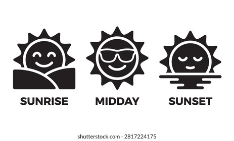 Sunrise midday and sunset sun character icon set