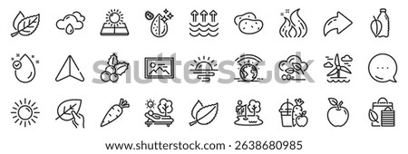 Sunrise, Mint leaves and Apple line icons pack. Share, Message, Paper plane icons. Sun, Vitamin e, Sun energy web icon. Lounger, Water bottle, Christmas holly pictogram. Vector