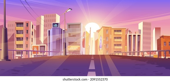 Sunrise in modern city, urban skyline with sun rising above skyscraper buildings, view from bridge. Morning metropolis cityscape with road and houses, town architecture, Cartoon vector illustration