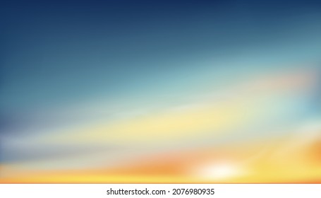 Sunrise in Morning with blue sky, Orange,Yellow,Pink, Dramatic twilight landscape with Sunset in evening,Vector mesh horizon Dusk Sky banner of sunlight for four seasons background