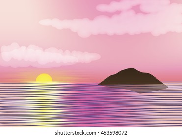 Sunrise. Morning landscape on the sea. Vector illustration.