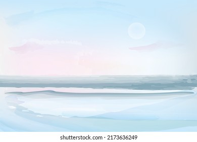 Sunrise, morning ocean view, coast line  background in turquoise and pastel colours. Vector illustration, watercolor style, concept for card, poster, flyer, print.