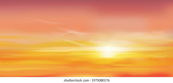 Sunrise in Morning with Orange,Yellow and Pink sky, Dramatic twilight landscape with Sunset in evening, Vector mesh horizon Sky  banner of Sunset or sunlight for four seasons background