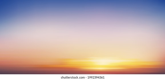 Sunrise in Morning with Orange,Yellow,Pink and blue Sky,Backdrop Dramatic twilight landscape with Sunset in evening,Vector mesh horizon Sky banner of Sunset or sunlight for four seasons background