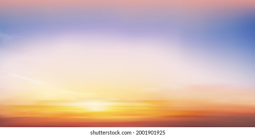 Sunrise in Morning in Orange,Yellow,Pink and purple pastel sky, Dramatic twilight landscape with Sunset in evening, Vector mesh horizon Sky  banner of sunrise or sunlight for four seasons background