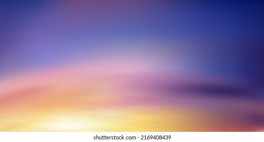 Amanecer por la mañana con naranja, amarillo, rosa, morado, paisaje dramático de crepúsculo con puesta de sol por la noche, vector Romántico de la bandera de cielo de la puesta de sol o de la luz del sol para cuatro estaciones de fondo