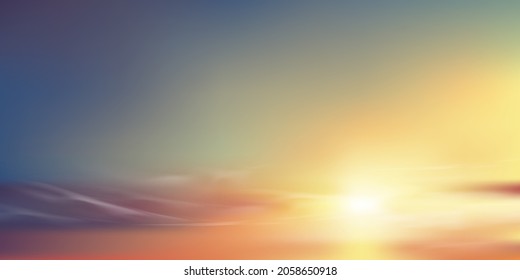 Amanecer en la mañana con naranja, amarillo, rosa, púrpura, cielo azul, paisaje dramático de crepúsculo con puesta de sol por la noche, horizonte de malla vectorial Alarma del cielo sucio banner de la luz solar para cuatro estaciones de fondo