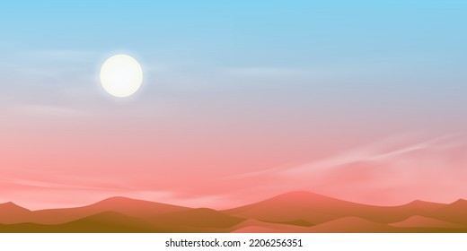 Sunrise Morning with Pink, Blue Sky,Rural landscape with Sunset sky in evening,Vector horizon beautiful nature banner of moutains view with Romatic twilight,Sunlight for four seasons background