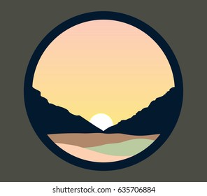 Sunrise and morning sky over mountains and fields landscape
vector illustration,  nature flat icon