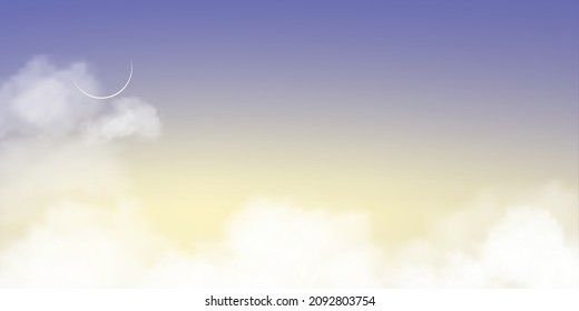 Sunrise in Morning with Yellow and Purple sky,Crescent moon with clouds,Dramatic twilight landscape with Sunset in evening,Vector horizon Dusk Sky banner of sunlight for trendy 2022 colour background