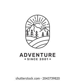 sunrise mountain adventure pine herradura hembra árbol evergreen selva vintage línea de arte logo diseño