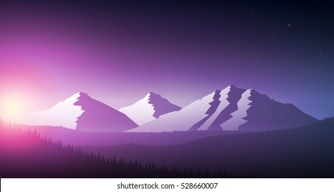 Sunrise in the mountain chain and forest. Vector landscape illustration. Elements are layered separately in vector file.