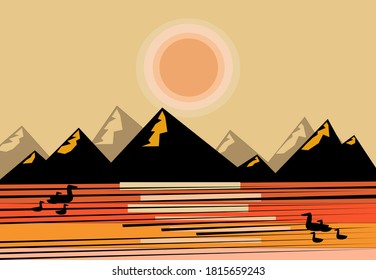 Amanecer con paisajes de montaña de estilo plano