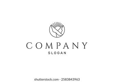 sunrise in mountain hill line art logo design