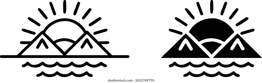 Sunrise Mountain Icon Set - Paisagem Vetorial Preto e Branco com Sol, Água e Símbolo de Natureza