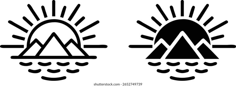 Sunrise Mountain Icon Set - Paisagem Vetorial Preto e Branco com Sol, Água e Cena Natureza