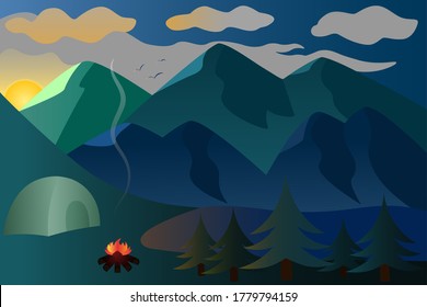 Sunrise. Mountain landscape. Camping by the lake. Picturesque vector illustration in the fresh air. A bonfire burns out next to the tent. The morning is coming. Birds fly in the distance. Cutout style