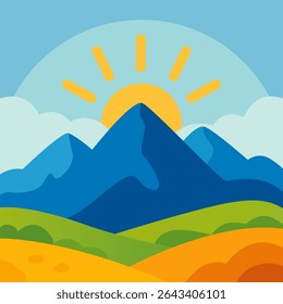 Sunrise Mountain Landscape - Flache Naturlandschaft mit rollenden Hügeln und Sonnenschein