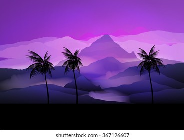 Sunrise Mountain Landscape with Palm tree - Vector Illustration