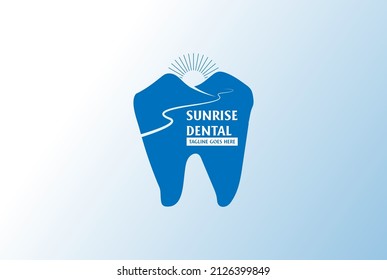 Sunrise Mountain Landscape River Creek Dent Tooth for Dental Clinic Logo Design Vector