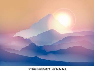 Sunrise Mountain Landscape - Vector Illustration
