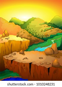 Sunrise Mountain with Pine Forest Landscape - Vector Illustration
