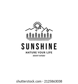 sunrise mountain pine tree lake line art logo vector minimalist illustration design, sunshine logo design