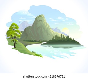 SUNRISE MOUNTAIN RIVER ILLUSTRATION 