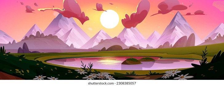 Sunrise in mountain sky cartoon landscape vector background. Lake and sun in summer morning with nature scenery. Pink water on sunset peaceful heaven wilderness panorama with chamomile flower.