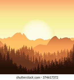 Sunrise in the mountain. Vector landscape illustration. Fir or pine forest in the morning. Nature horizontal seamless background. Design for travel, tourism, environmental and ecology themes.