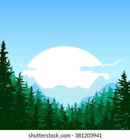 Sunrise in the mountain. Vector summer or spring landscape. Nature background. Design for travel, tourism, environmental and ecology themes. Panorama of mountains, green pine and fir-tree forest.

