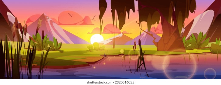 Sunrise and mountain view with reed in swamp water cartoon vector scene. River shore in Japan with marsh and bulrush plant, Peaceful pink valley illustration with nobody and sun light reflection