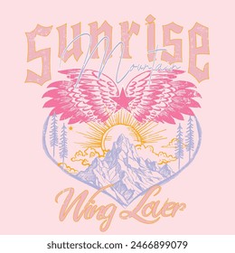 sunrise the mountain wing lover vintage t-shirt print graphic , slogan typography autumn winter vibes text print, wing , sun, mountain star, pain tree text mixed together love shape , women's girls 