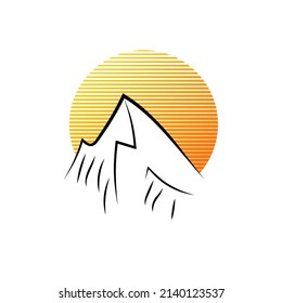 Sunrise in a mountains. Abstract company logo. Vector illustration. Camping icon