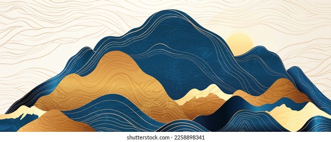 Sunrise in the mountains, abstract horizontal background design. Natural hills of gold and blue, in the collage technique. Prestigious art is suitable for print on the wall, invitation,mural. Vector 