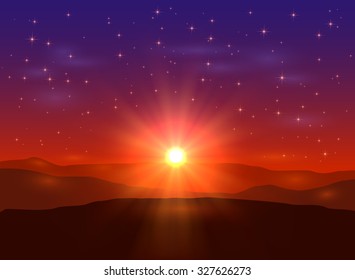 Sunrise in the mountains, beautiful landscape with sun and stars, illustration.