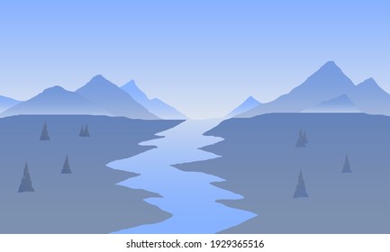 Sunrise in mountains. Colour mountains landscape. Hiking - morning view. Vector background
