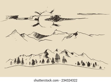 Sunrise In Mountains, Fir Forest, Engraving Vector Illustration, Hand Drawn, Sketch