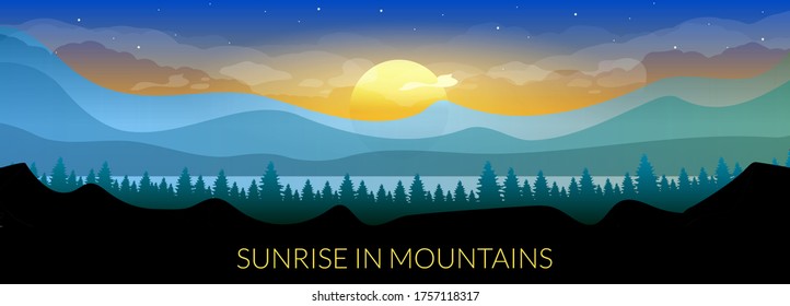 Sunrise in mountains flat color vector banner template. Coniferous forest in early morning. Woodland skyline. Wild nature. Fir trees and hills 2D cartoon landscape with sun and sky on background