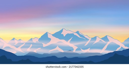 Sunrise in the mountains, fog and snow on the peaks, vector illustration
