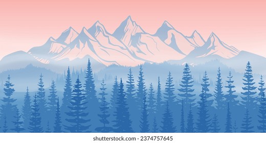 Sunrise in the mountains, forest and fog, vector illustration