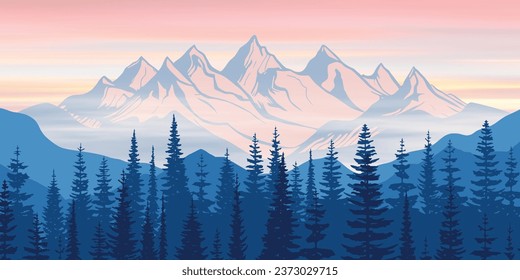 Sunrise in the mountains, forest and morning fog, vector illustration