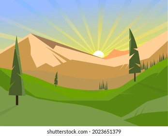 sunrise from the mountains green landscape with green trees and hill