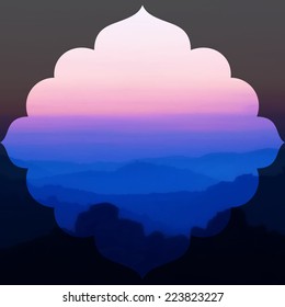 Sunrise in the mountains landscape. Indian style frame. Vector illustration.