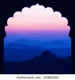 Sunrise in the mountains landscape. Indian style frame. Vector illustration.